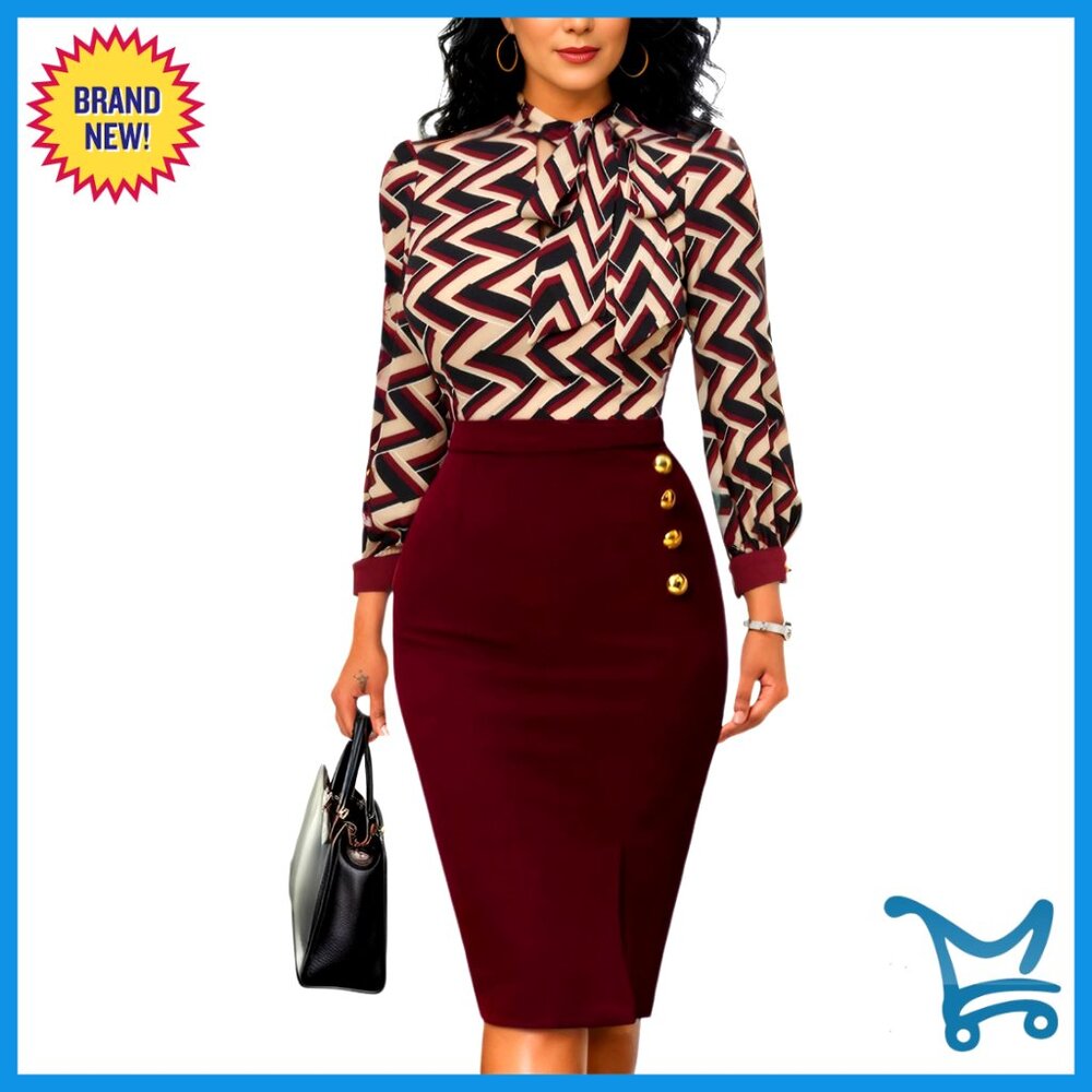 Women's Business Pencil Dress Tie Neck Midi Office Sheath Work Dress